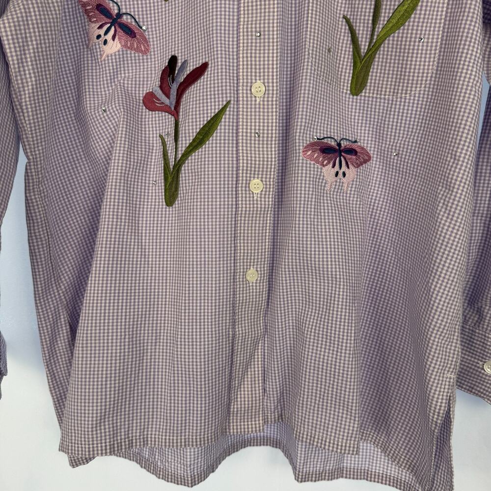 MILI DESIGNS Embroidered Blouse Top Womens Purple S Gingham Check Butterflies - Picture 5 of 9